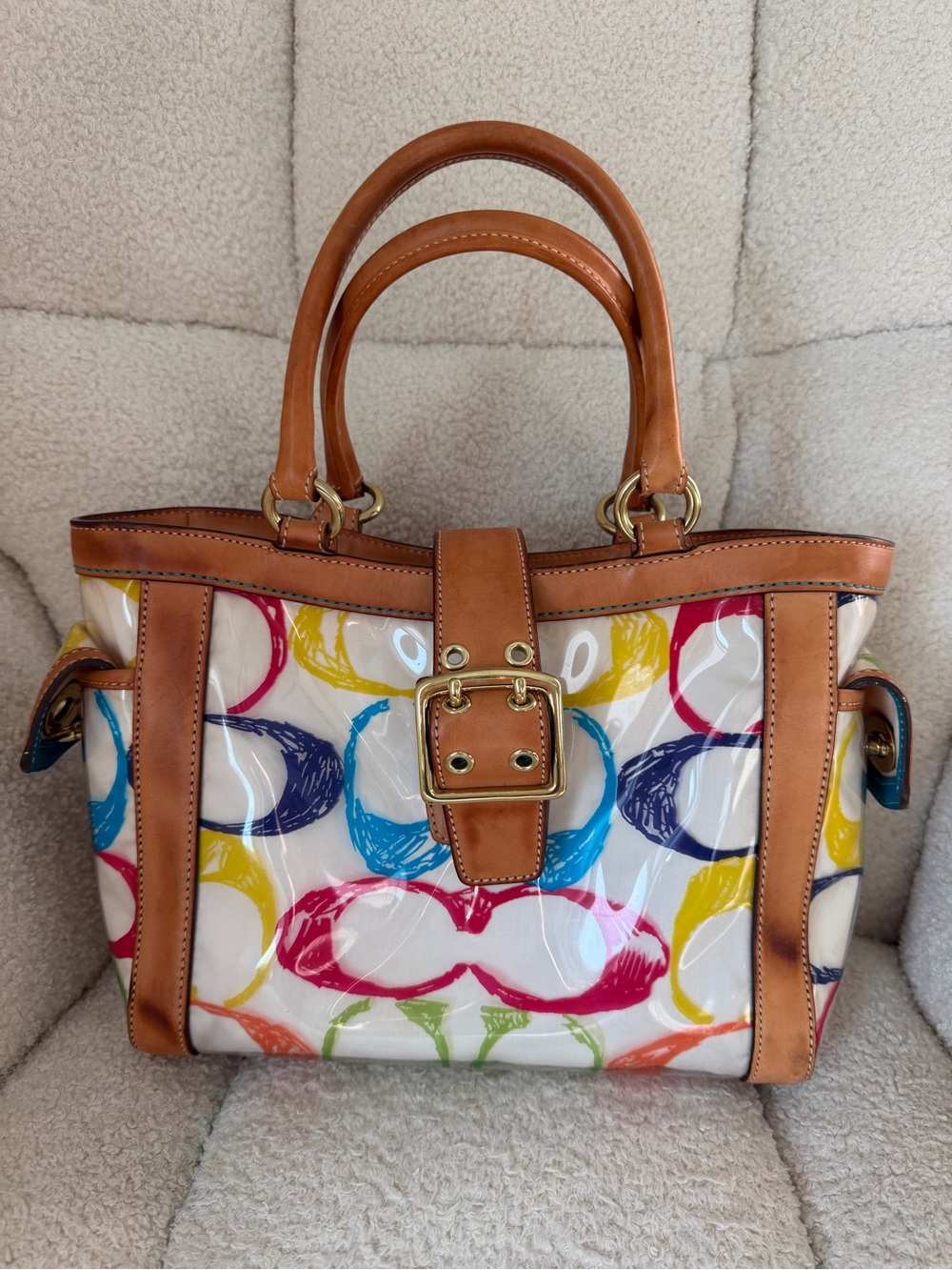 Coach Multicolor Circle-Print Tote with Tan Leather Trim